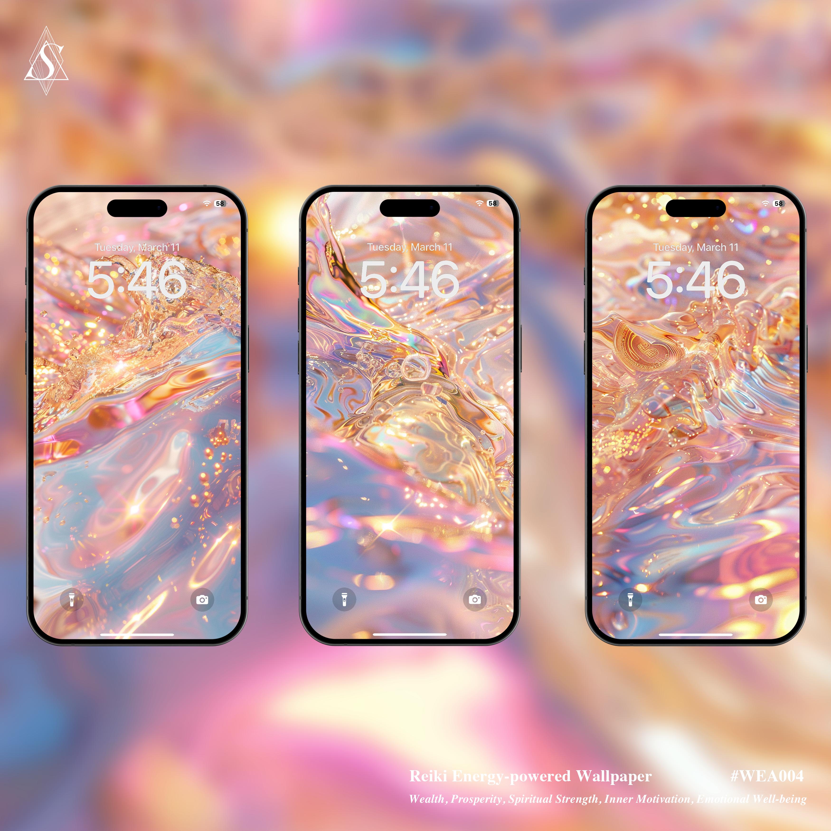 Aquatic Gold Reiki Wallpaper Set for Mobile (4-Pack) – HD Backgrounds for Manifestation Rituals, Millionaire Lifestyle, and Energy Flow