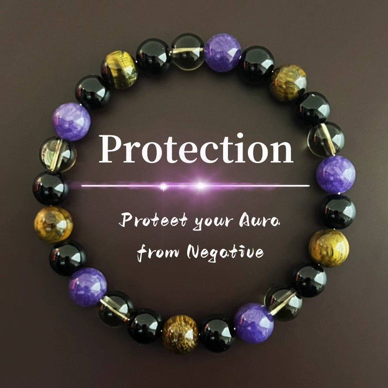 Tiger Eye, Amethyst & Obsidian Protection Bracelet | Negative Energy Shield & Aura Guard