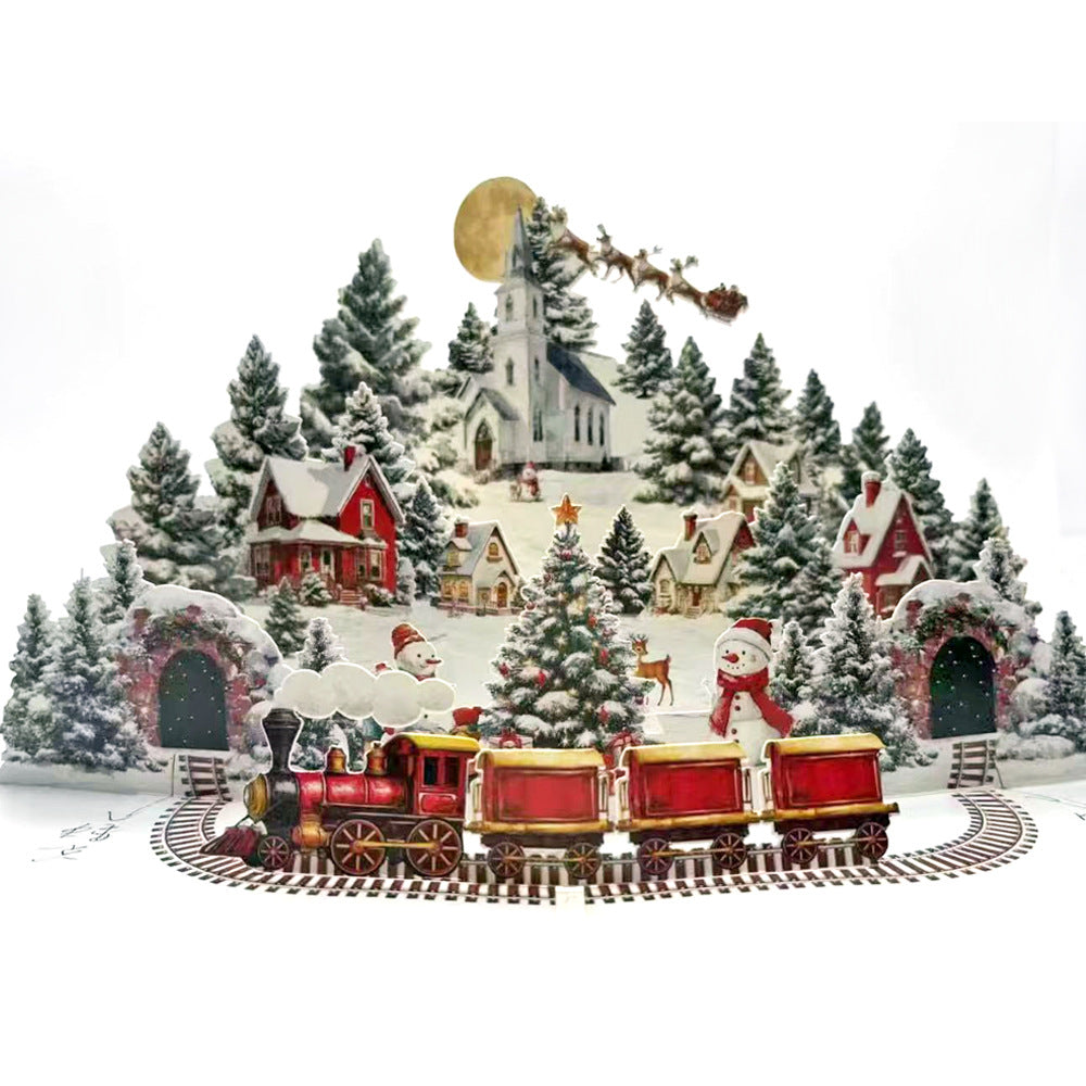 3D Snowman Pop-Up Christmas Card | Handmade Night City & Winter Forest Holiday Gift