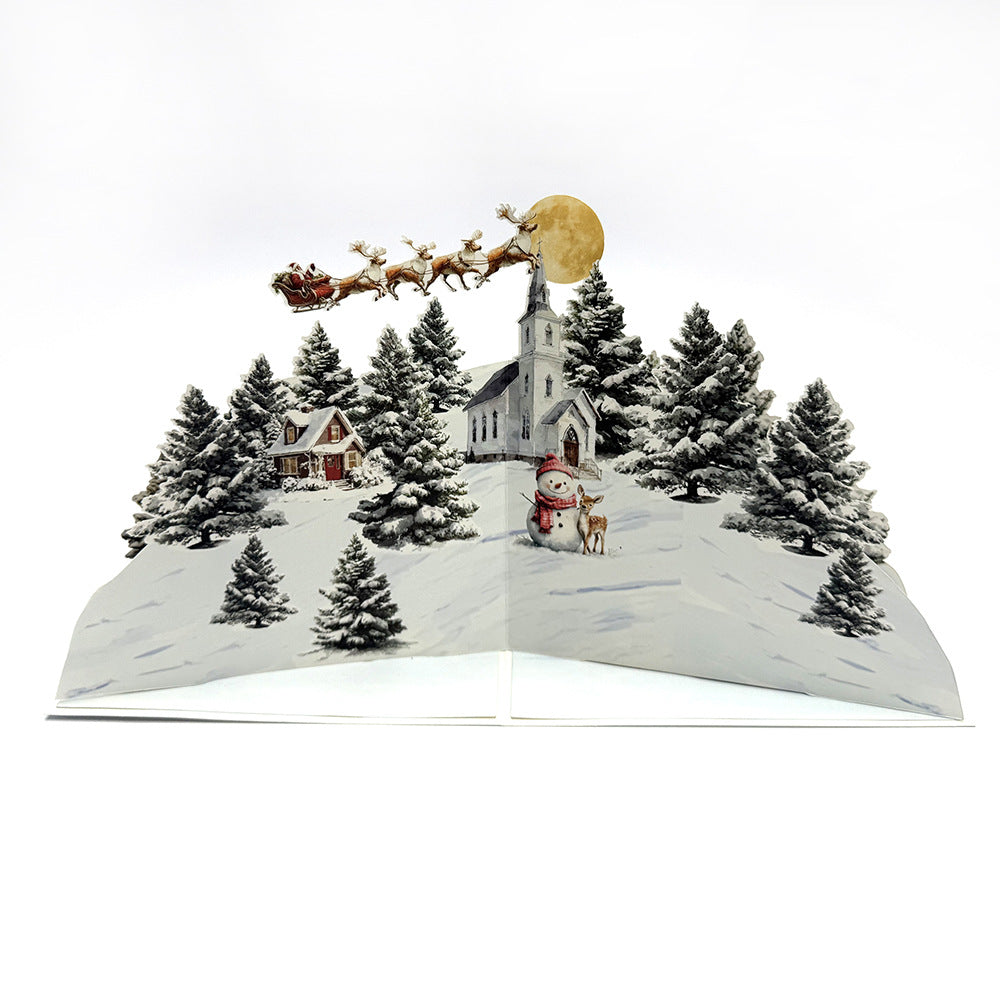 3D Snowman Pop-Up Christmas Card | Handmade Night City & Winter Forest Holiday Gift