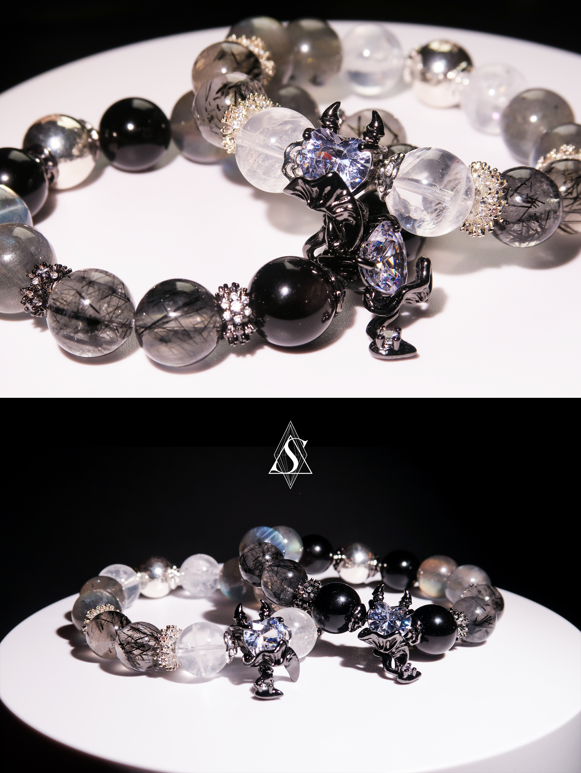 Devil’s Heart Healing Bracelets | Couples Crystal Jewelry | Obsidian, Rutilated Quartz, Moonstone & Phantom Quartz | Eternal Love Collection