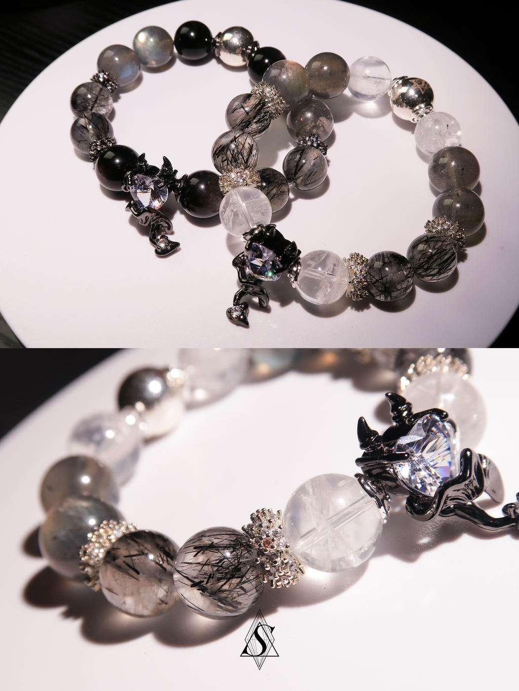 Devil’s Heart Healing Bracelets | Couples Crystal Jewelry | Obsidian, Rutilated Quartz, Moonstone & Phantom Quartz | Eternal Love Collection