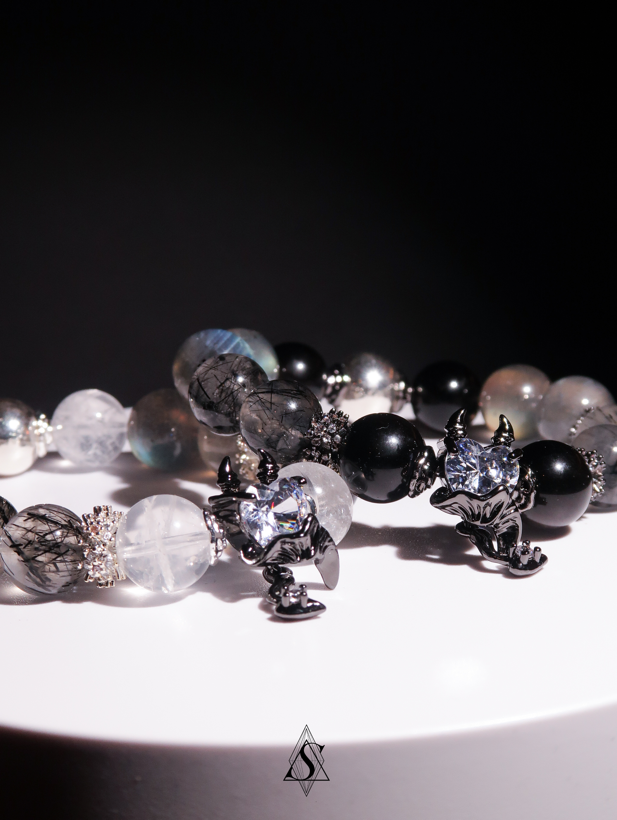 Devil’s Heart Healing Bracelets | Couples Crystal Jewelry | Obsidian, Rutilated Quartz, Moonstone & Phantom Quartz | Eternal Love Collection