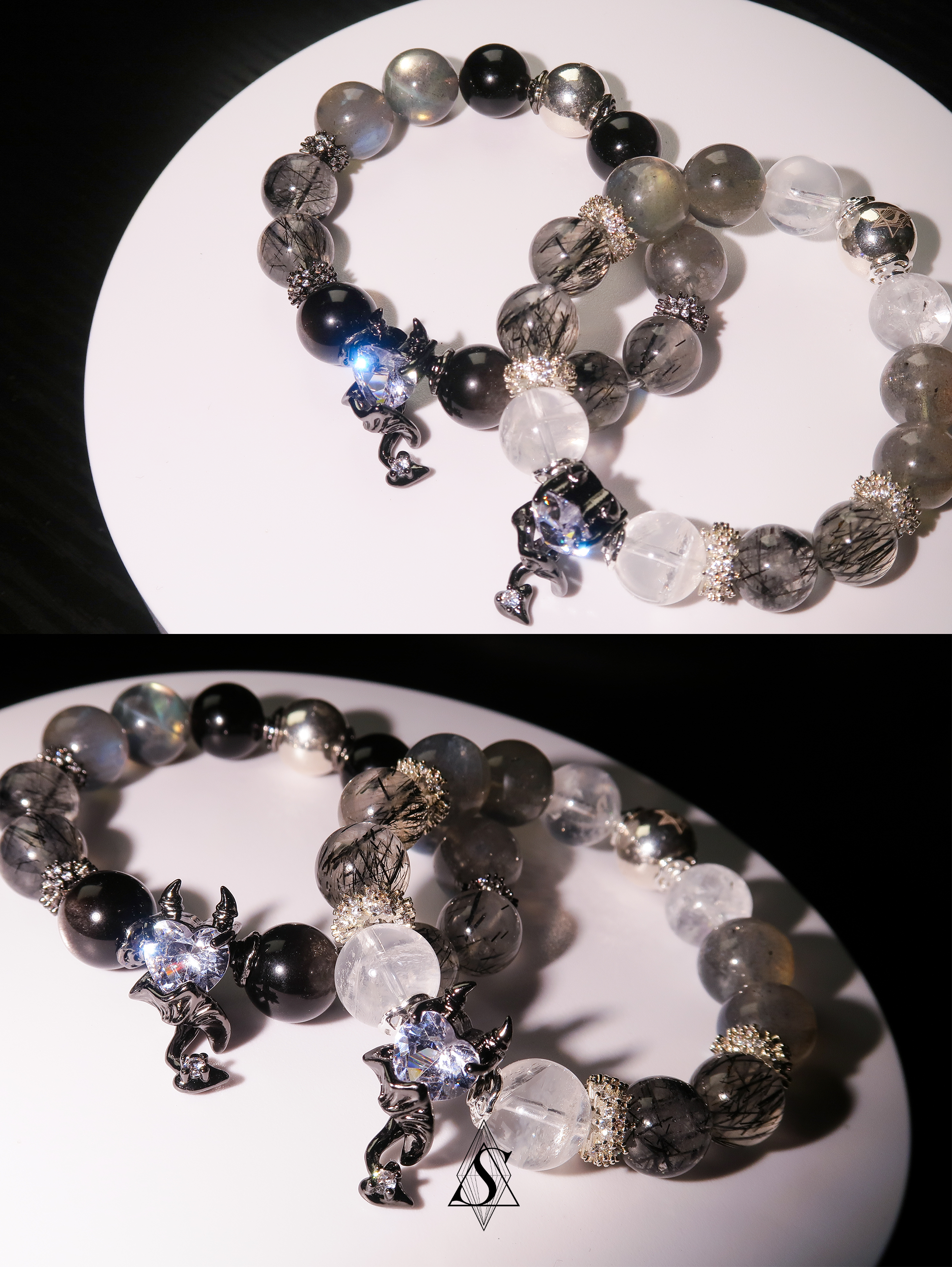 Devil’s Heart Healing Bracelets | Couples Crystal Jewelry | Obsidian, Rutilated Quartz, Moonstone & Phantom Quartz | Eternal Love Collection