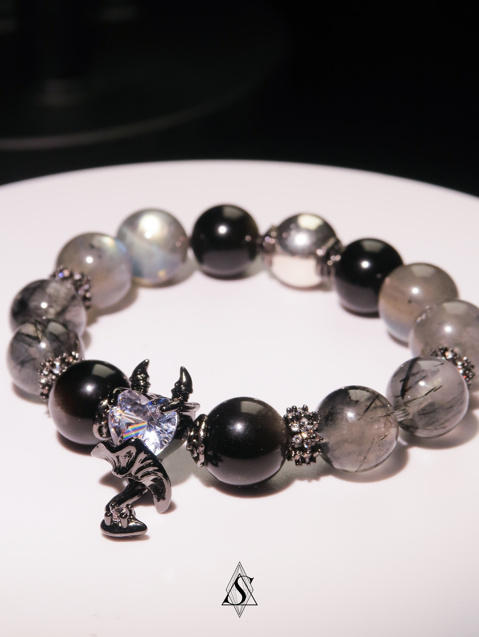 Devil’s Heart Healing Bracelets | Couples Crystal Jewelry | Obsidian, Rutilated Quartz, Moonstone & Phantom Quartz | Eternal Love Collection