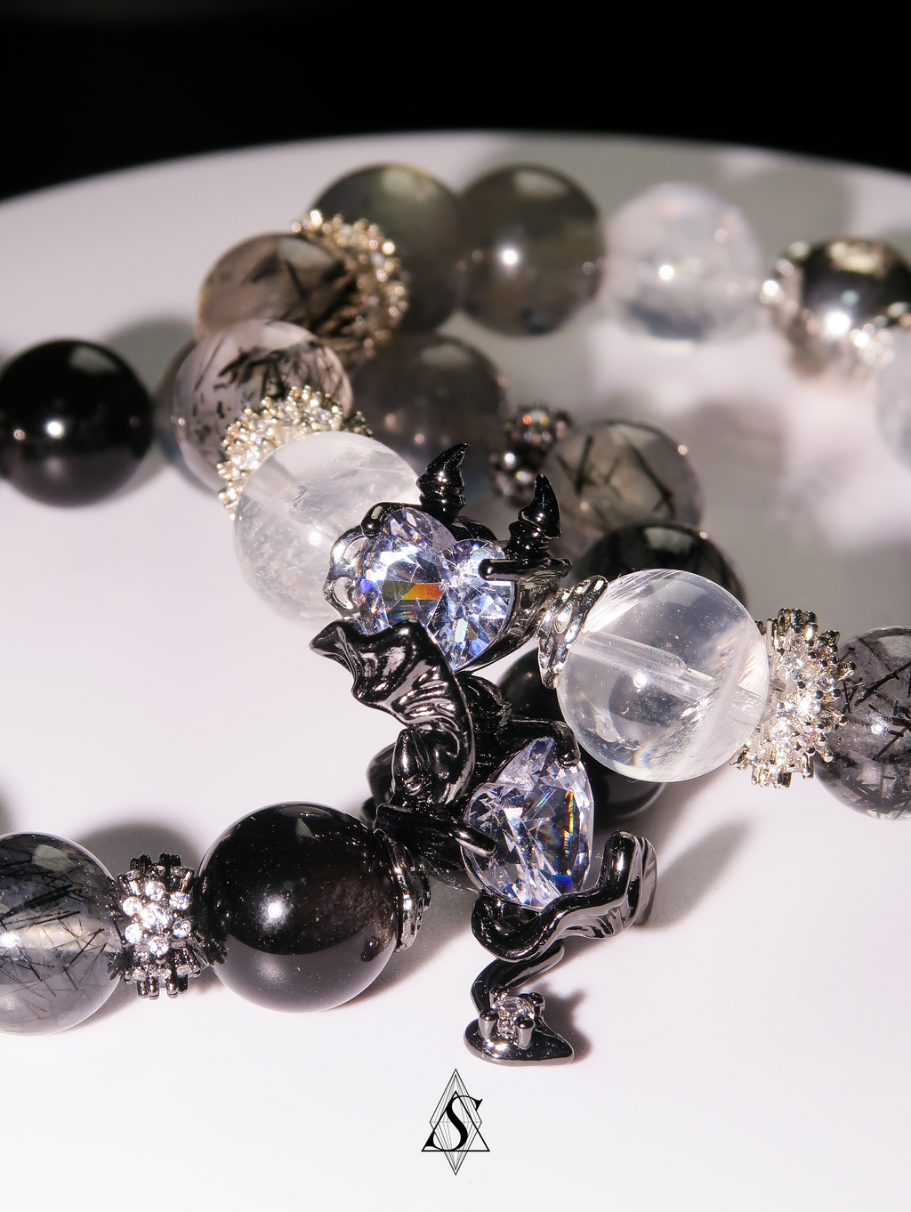 Devil’s Heart Healing Bracelets | Couples Crystal Jewelry | Obsidian, Rutilated Quartz, Moonstone & Phantom Quartz | Eternal Love Collection