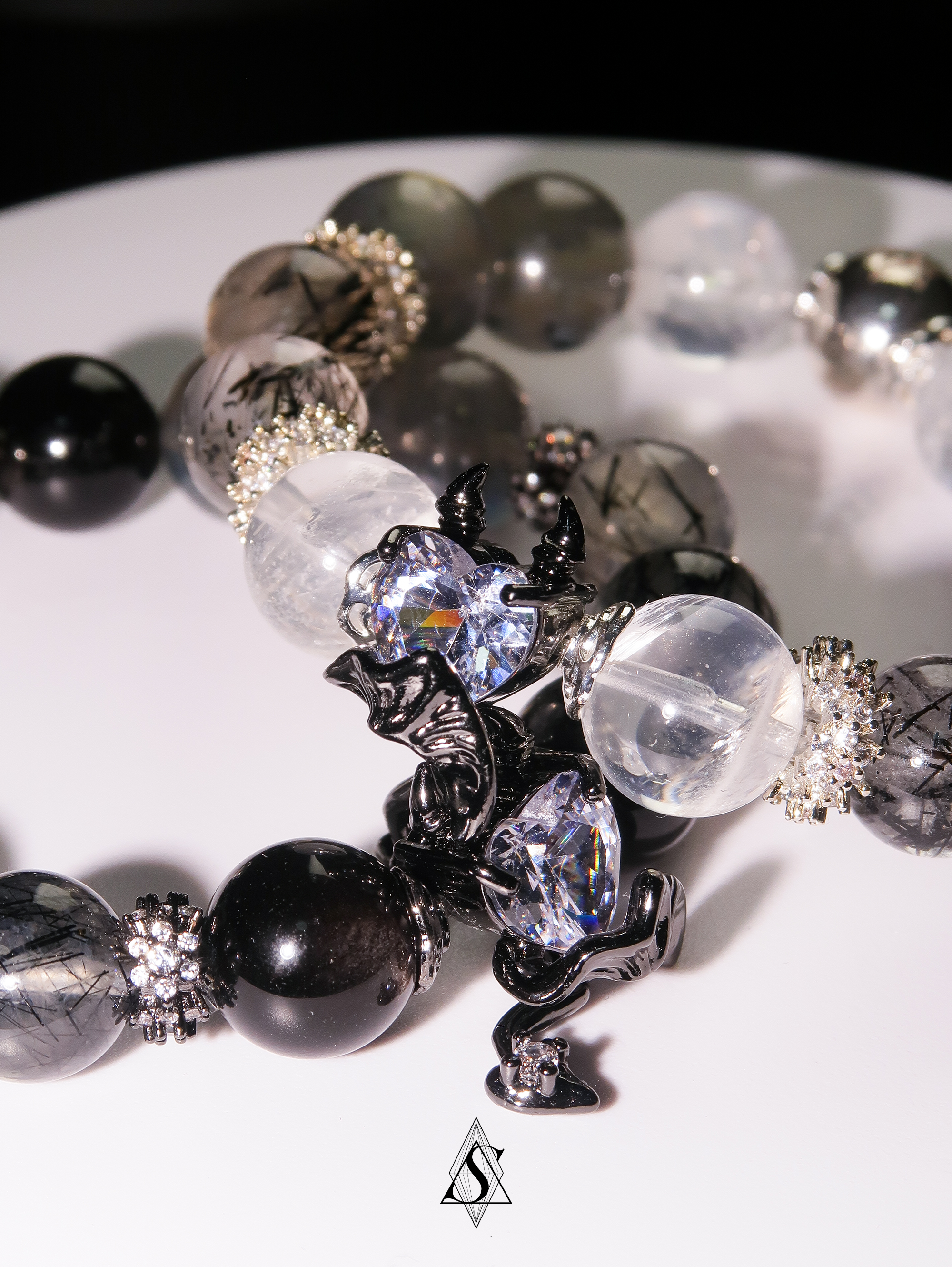 Devil’s Heart Healing Bracelets | Couples Crystal Jewelry | Obsidian, Rutilated Quartz, Moonstone & Phantom Quartz | Eternal Love Collection