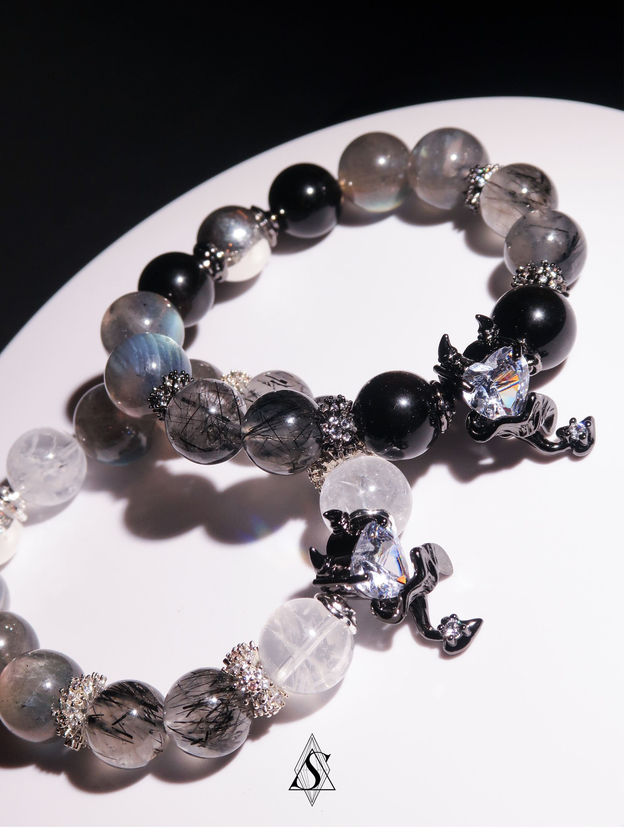 Devil’s Heart Healing Bracelets | Couples Crystal Jewelry | Obsidian, Rutilated Quartz, Moonstone & Phantom Quartz | Eternal Love Collection