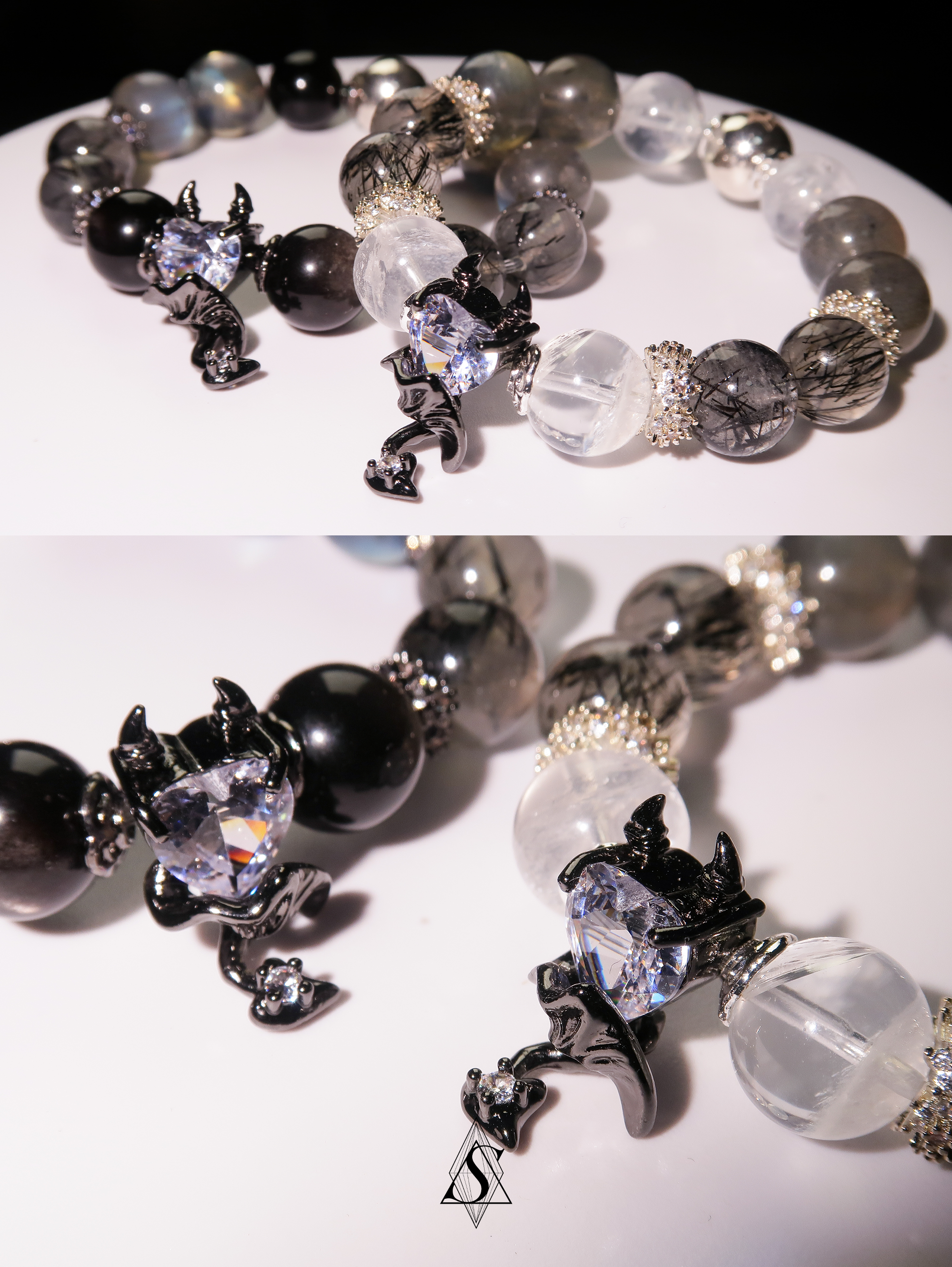 Devil’s Heart Healing Bracelets | Couples Crystal Jewelry | Obsidian, Rutilated Quartz, Moonstone & Phantom Quartz | Eternal Love Collection