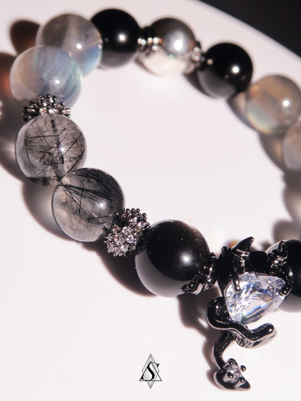 Devil’s Heart Healing Bracelets | Couples Crystal Jewelry | Obsidian, Rutilated Quartz, Moonstone & Phantom Quartz | Eternal Love Collection
