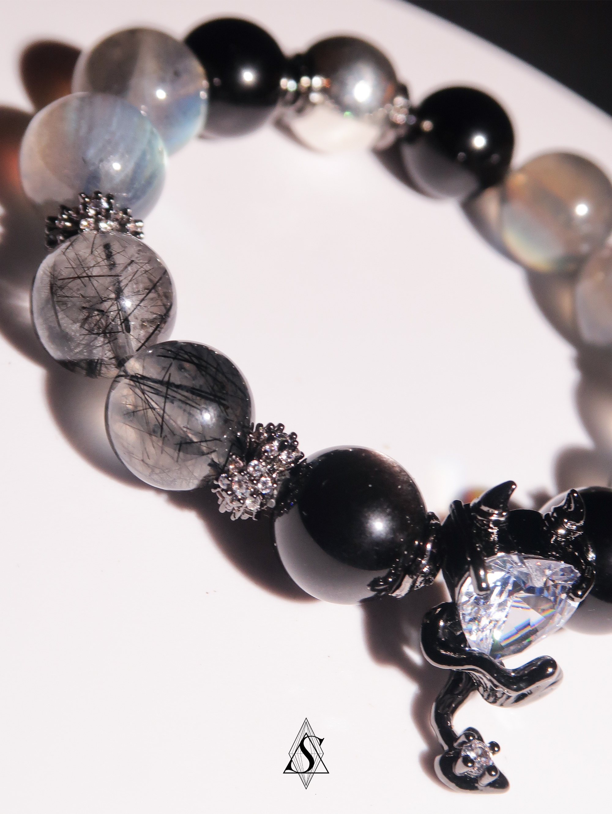 Devil’s Heart Healing Bracelets | Couples Crystal Jewelry | Obsidian, Rutilated Quartz, Moonstone & Phantom Quartz | Eternal Love Collection